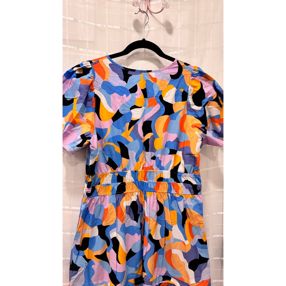Anthropologie Abstract Swirl Print Smocked Waist Midi Dress Short Sleeve Large - Picture 4 of 6